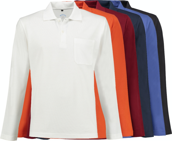 Zu sehen sind bioaktive langarm Poloshirts der Marke Bioactive in vielen verschiedenen Farben.
